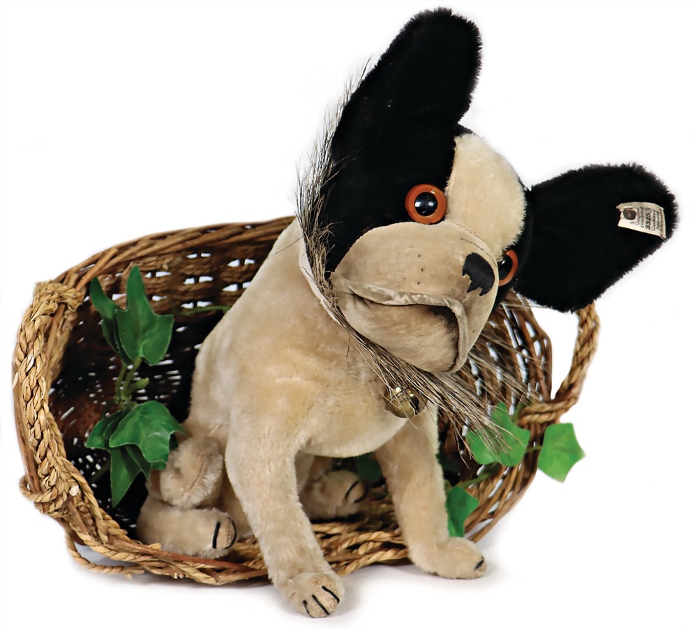STEIFF sitting Steiff bully, 1927-1937, with button and white flag, No.: 3325,2, big glass eyes, (1 of 5)
