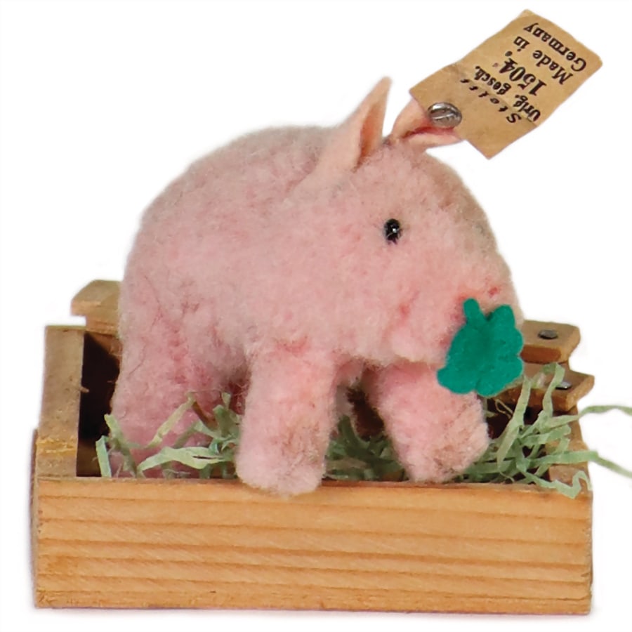 STEIFF Wool miniature small lucky pig with four-leaf clover, white paper flag, button, printed (1 of 4)