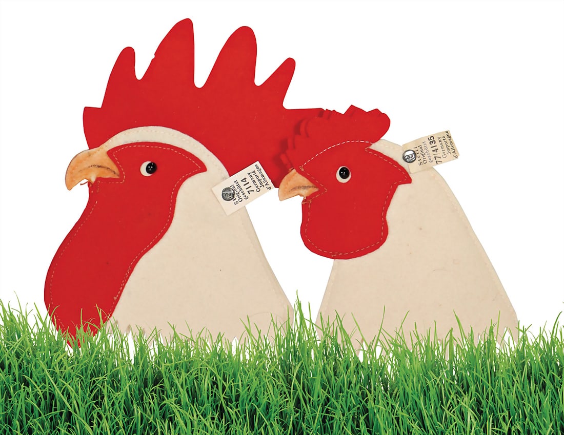 STEIFF set of egg warmers, felt rooster and rooster head, small size, made ca. 1910, with button and (1 of 2)
