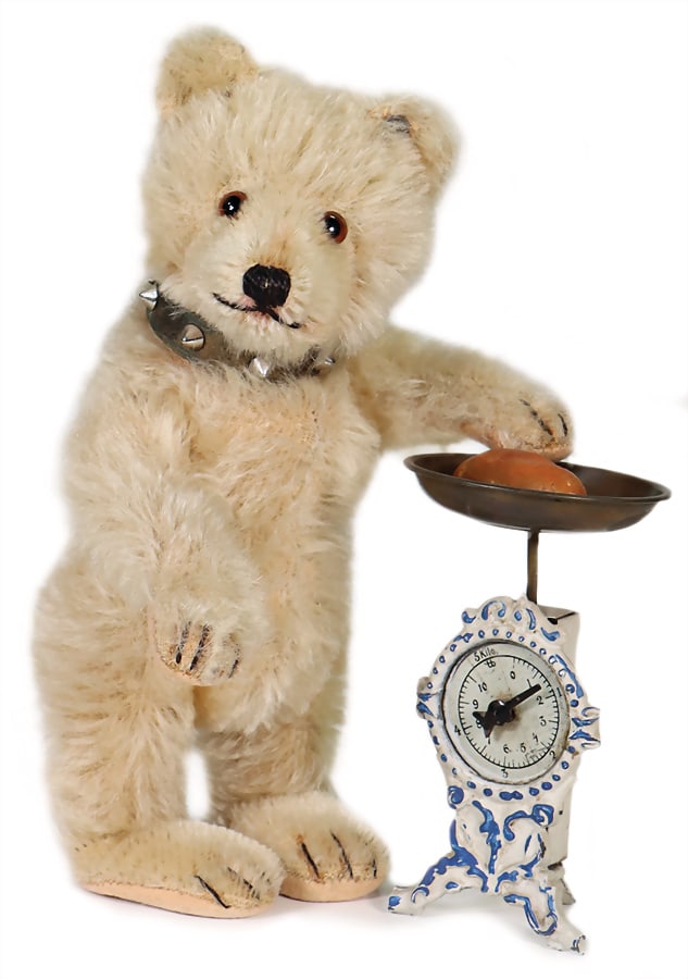 STEIFF Teddy baby, closed snout, 1929-32, standing, 18 cm, sitting, 14 cm, button, with elongated F, (1 of 5)