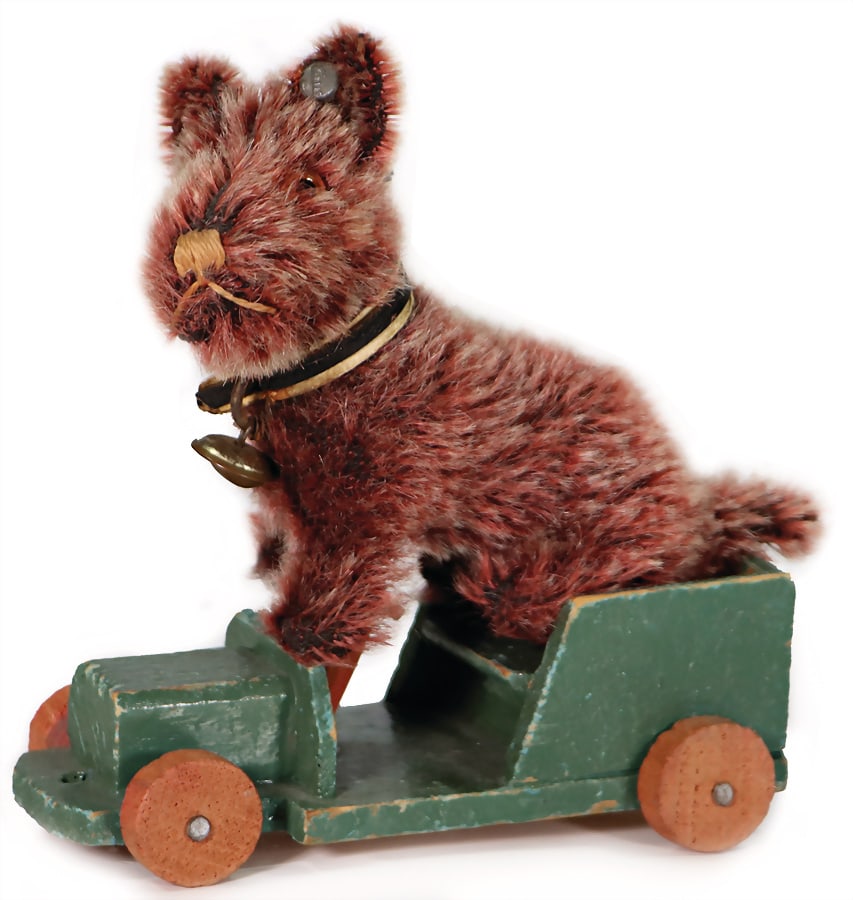 STEIFF Fox Terrier, unusual dog, c. 1930s, sitting, h: 8 cm, l: 11 cm, with pre-war button, (1 of 5)