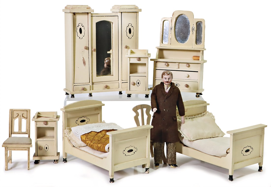 Traditional dollhouse furniture, handcrafted, dollhouse man, bisque head, arms, and legs, fabric (1 of 1)