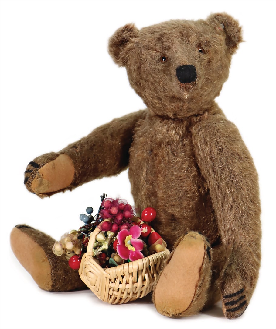 STEIFF early dark-brown Steiff teddy bear, c. 1930, with front button, brown glass eyes, black nose (1 of 5)