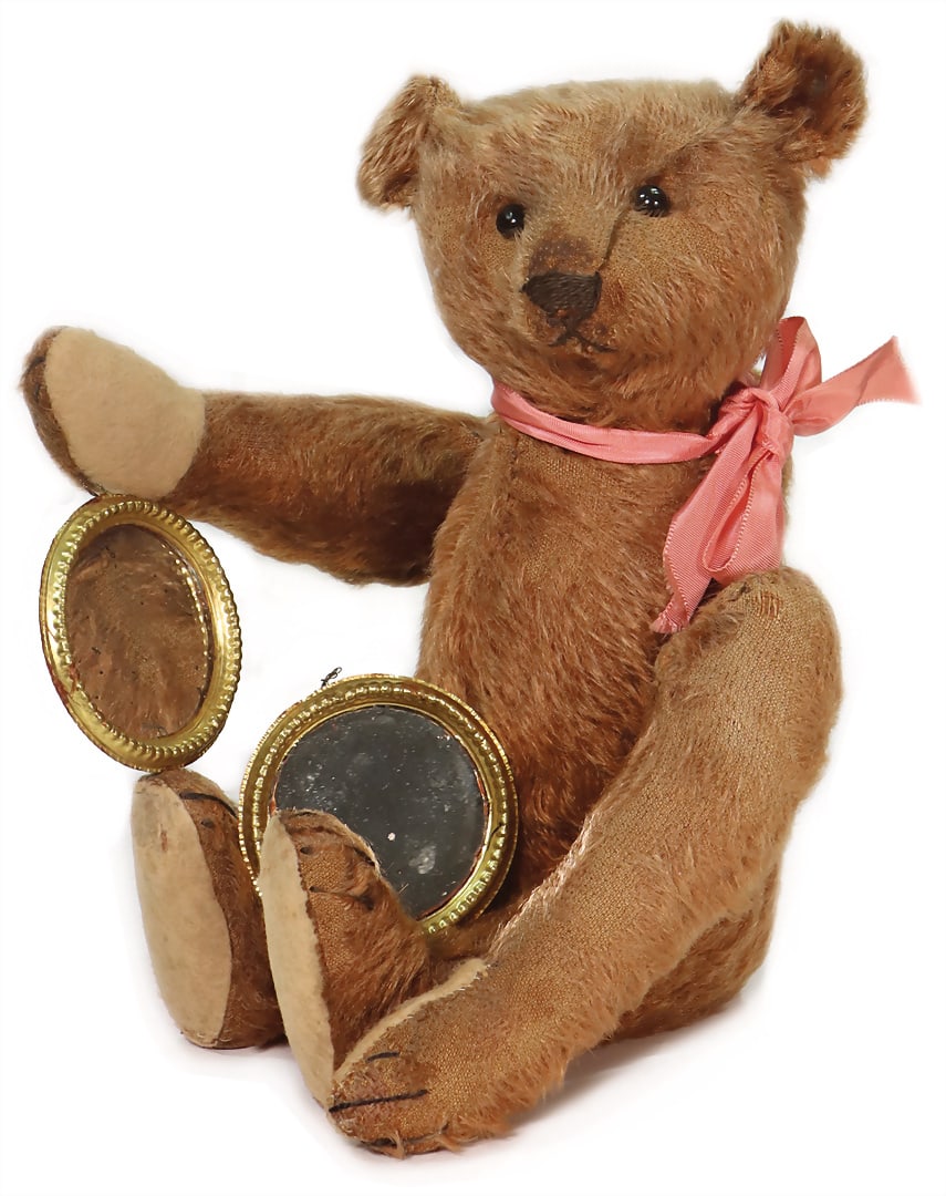 STEIFF Dark brown tumbling bear, made between 1909 and 1913, with a button, elongated "f," (1 of 5)