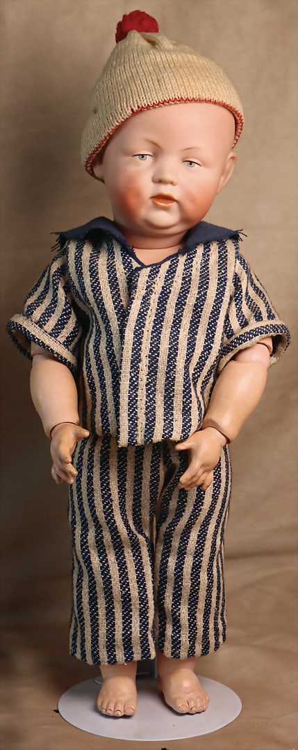 BRUNO SCHMIDT Sponge-Porcelain Character Baby, marked 2042, BSW in the heart, crank head, blue: BRUNO SCHMIDT Sponge-Porcelain Character Baby, marked 2042, BSW in the heart, crank head, blue painted eyes, open/closed mouth, dimples, toddler body, 40 cm, CH-ID 1068, the item is located in a Swiss