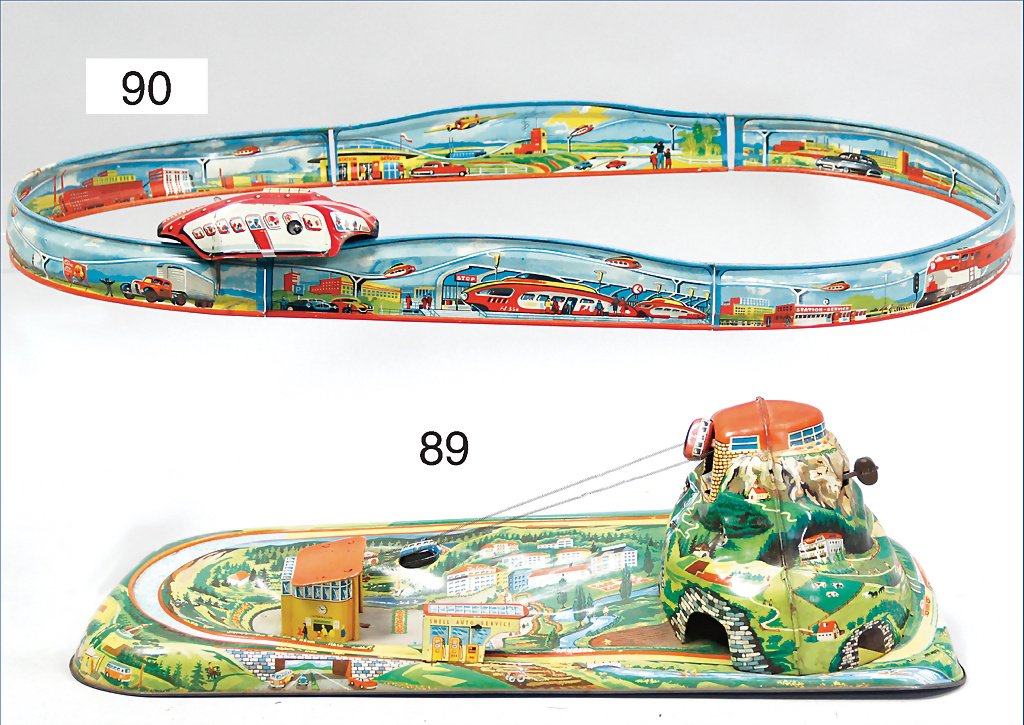 suspension railway, lithographed tin, clock mechanism: suspension railway, lithographed tin, clock mechanism is intact, a bit used, good German Description Schwebebahn, Blech lithogr., Uhrwerk intakt, leicht bespielt, gut