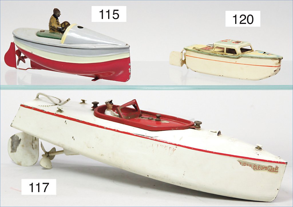 motorboat, tin, France, Ruban bleu N1 JEP, 34 cm, clock: motorboat, tin, France, Ruban bleu N1 JEP, 34 cm, clock mechanism is intact, used, the scratches on the paintwork are caused of old age German Description Motorboot, Blech, Frankreich, Ruban bleu N1 J