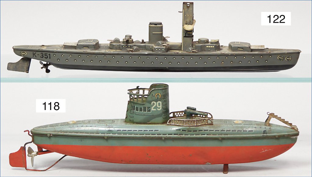 probably ARNOLD, submarine, 33.5 cm, lithographed tin,: probably ARNOLD, submarine, 33.5 cm, lithographed tin, pre-war era, clock mechanism is jammed, sheet metal in the tower is missing, used, the scratches on the paintwork are caused of old age, small te