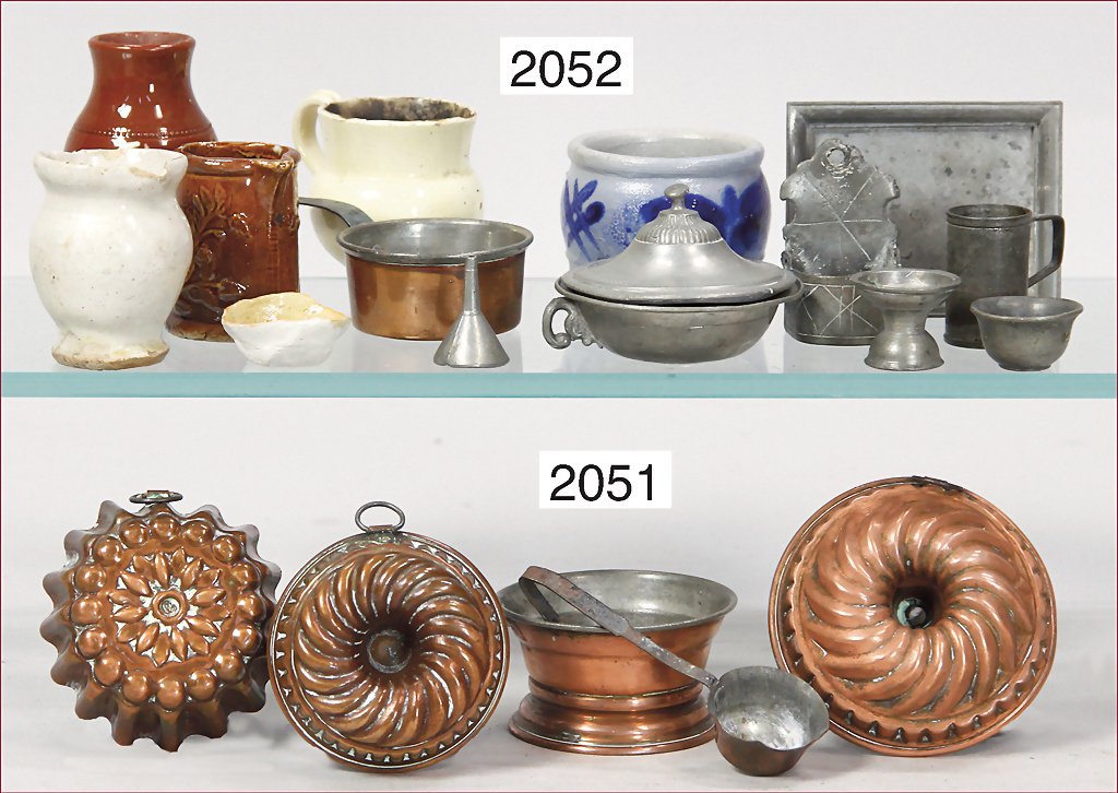 5 pieces doll kitchen accessories, 3 cake pans, copper,: 5 pieces doll kitchen accessories, 3 cake pans, copper, inside tin-plated, 5.5 cm - 6 cm in diameter, 1 sieve, 1 ladle German Description 5 Teile Puppenküchen-Zubehör, 3 Backformen, Kupfer, innen ve
