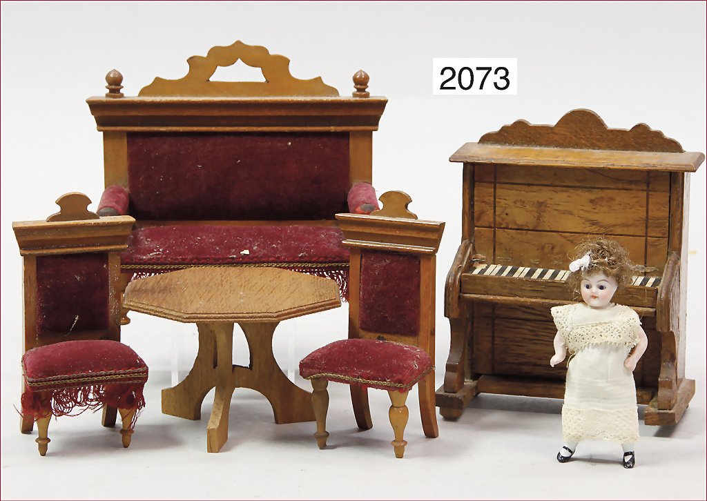 living room furniture program, 1 couch, covered with: living room furniture program, 1 couch, covered with velvet, 13 cm tall, 14 cm wide, 1 dining table, with a diameter of 10 cm, height 6 cm, 1 piano with glued on paper keys, 13 cm tall, 10 cm wide, 2