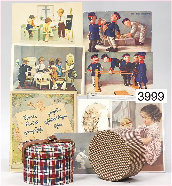 mixed lot, Käthe Kruse 4 postcards, were sent, '20s, 2: mixed lot, Käthe Kruse 4 postcards, were sent, '20s, 2 postcards Steiff, impressive, Käthe Kruse phonecard, 1 Schildkröt booklet, 1 corner of the booklet is missing, with hatboxes, suitable for Kä