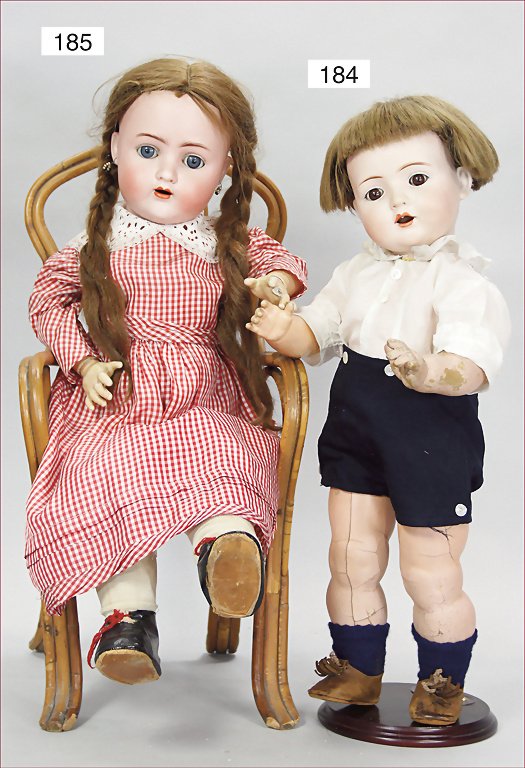 BRUNO SCHMIDT, porcelain head doll, marked 692 9, brown: BRUNO SCHMIDT, porcelain head doll, marked 692 9, brown sleepy eyes, opened mouth, 1 upper tooth, real hair wig, standing baby body made of mass, with strong formation of spider lines, 48 cm German De