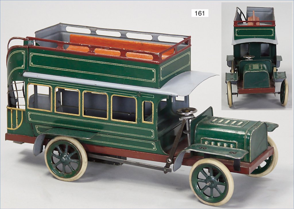 BING, bus, lithographedtin, 30 cm, green, with: BING, bus, lithographedtin, 30 cm, green, with observation roof, rubber tyres, very nice original condition, rare German Description BING Omnibus, Blech lithogr., 30 cm, grün, mit Aussichtsdach, Gumm