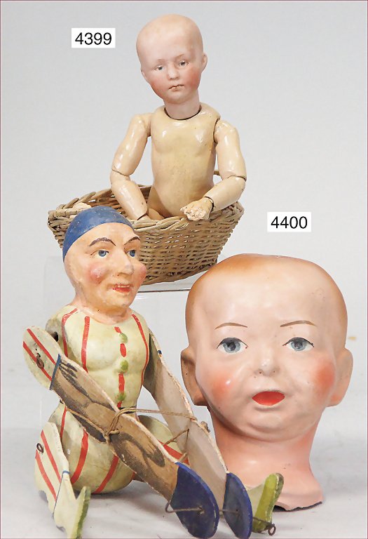 exceptional papier mâché head with flange neck, type: exceptional papier mâché head with flange neck, type Kaiser baby, height 12 cm, with 1 Erzgebirge clown that is doing a summersault, papier mâché, 22 cm German Description außergew. Papiermaché-