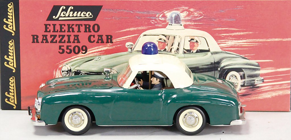 SCHUCO Elektro-Razziacar, 5509, Mercedes Benz 190 SL,: SCHUCO Elektro-Razziacar, 5509, Mercedes Benz 190 SL, Polizei, Blech, Replika, neuwertig, Orig.-Kart.
