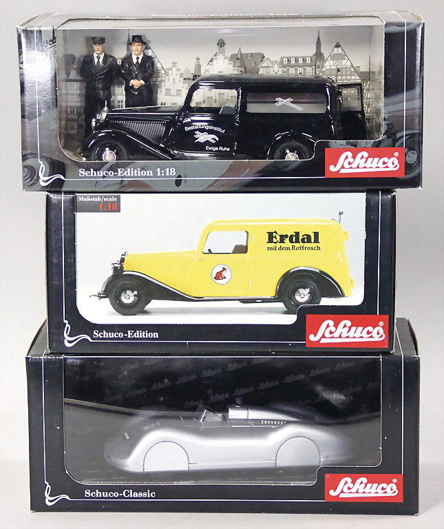 SCHUCO Konv. 3-tlg., Mercedes 170 V, Kastenwagen Erdal: SCHUCO Konv. 3-tlg., Mercedes 170 V, Kastenwagen Erdal 0035, Schuco Klassik, Auto Union 06030, Mercedes Benz Kastenwagen Bestattungsinstitut 00039, limitierte Auflage, 1000 Stück, neuwertig, Orig.-Ka