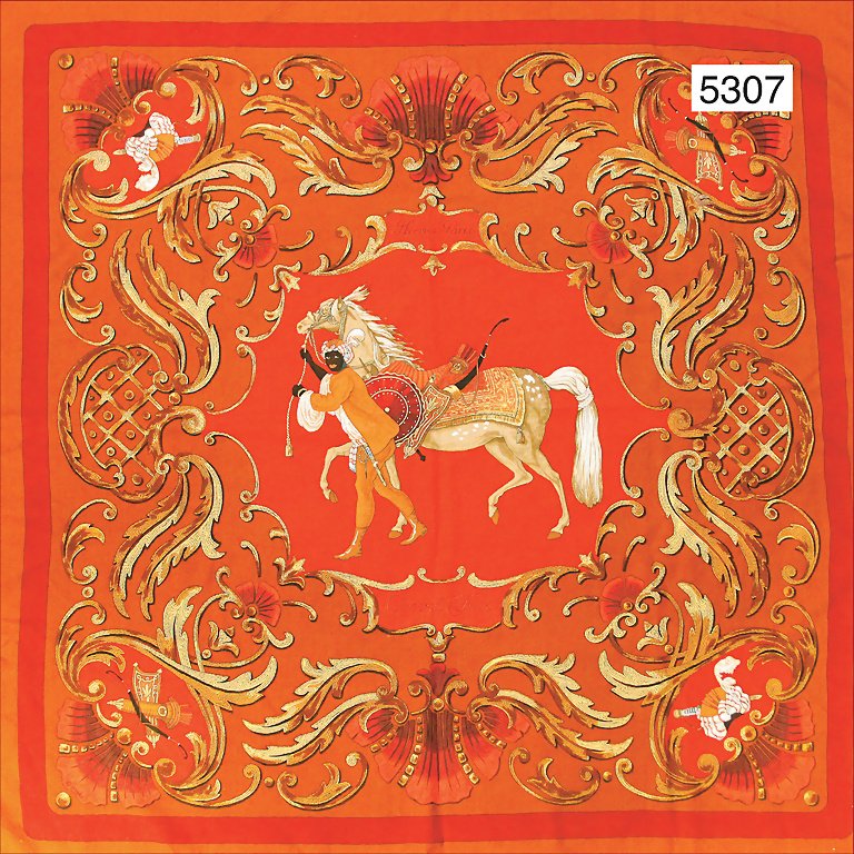 HERMÈS Cashmere-Schal, 1969 Paris, Aufschrift "Cheval: HERMÈS Cashmere-Schal, 1969 Paris, Aufschrift "Cheval turc", designed by Christiane Vauzelles, 65% Cashmere, 35% Silk, 90 x 88 cm, schöne kräftige Farben, ausgefallen, schöner Orig.-Zust.