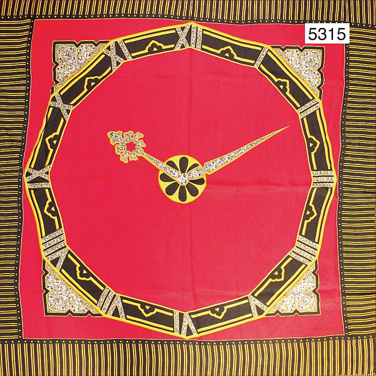 CARTIER Seidenhalstuch, Must de Cartier Paris, feines: CARTIER Seidenhalstuch, Must de Cartier Paris, feines bordeauxrot, Uhren mit Strasssteinmotiv, 85 x 85 cm, schöner neuwertiger Orig.-Zust.