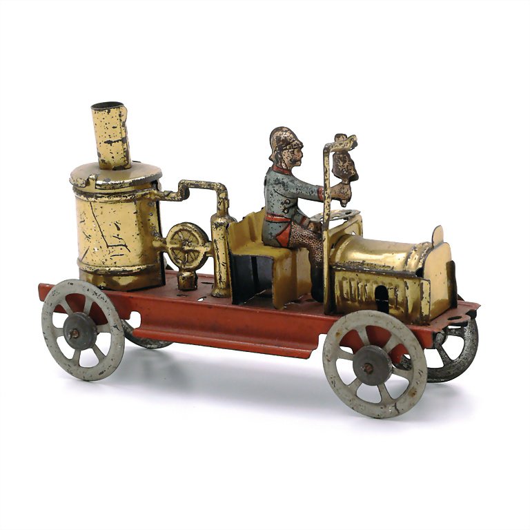 Meier, Johann Phillip, Penny Toy fire engine (steam: Meier, Johann Phillip, Penny Toy fire engine (steam hose), lithographed sheet metal, Germany, Nuremberg, around 1910, measurements: 52 x 87 x 30 mm, good general condition, anodized parts and drivers