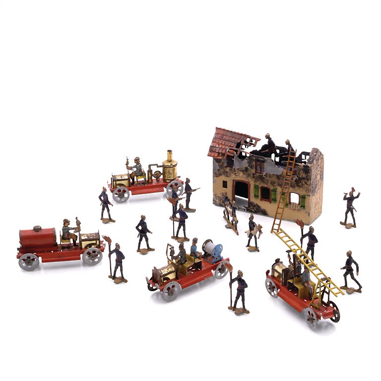 Meier, Johann Phillip, unknown manufacturer, Penny Toy: Meier, Johann Phillip, unknown manufacturer, Penny Toy fire department scene, on the bottom with the stamped company mark (team of dogs with single-axle wicker car), each driver with the declaration "