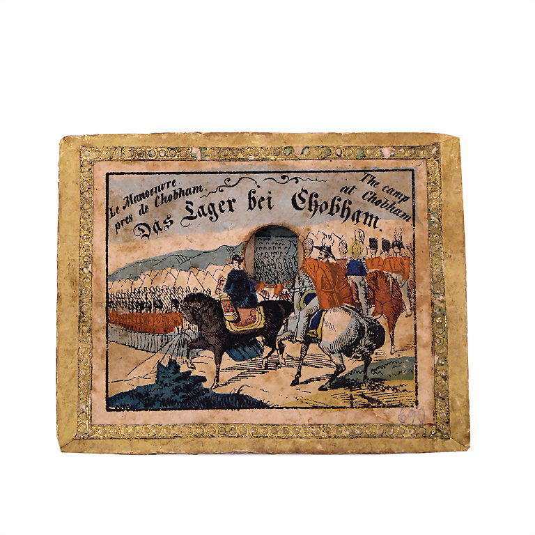 background diorama, the camp near Chobham. - Le: background diorama, the camp near Chobham. - Le Manoeuvre pres de Chobham. - The camp at Chopham, not marked, Germany around 1840, measurements: 14 x 111 x 88 mm, good general condition, with traces o