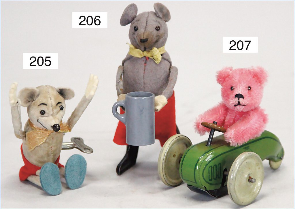 SCHUCO tricycle, with flywheel drive, green, mechanism: SCHUCO tricycle, with flywheel drive, green, mechanism intact, with not removable miniature bear-half-figure, pink, jointed arms, swivel head, plush, tricycle made of lithographed sheet metal, label o