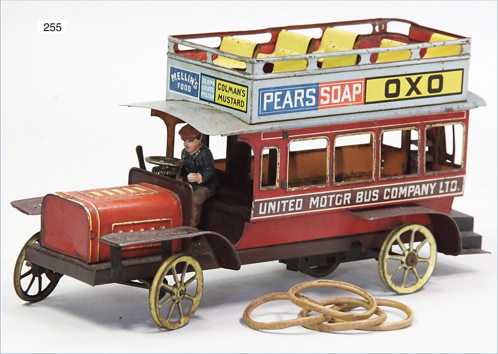BING double-decker bus, 29 cm, lithographed sheet: BING double-decker bus, 29 cm, lithographed sheet metal, with English advertising lettering original tyre, with signs of age are enclosed, with driver figure, used, a bit rust, absolutely rare in this