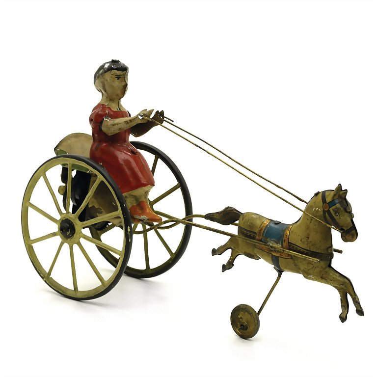 Günthermann, Siegfried sulky horse-drawn vehicle, sheet: Günthermann, Siegfried sulky horse-drawn vehicle, sheet metal, around 1920, 135 x 225 x 75 mm, spring drive, good general condition, with traces of usage, intact German Description Günthermann, Sieg