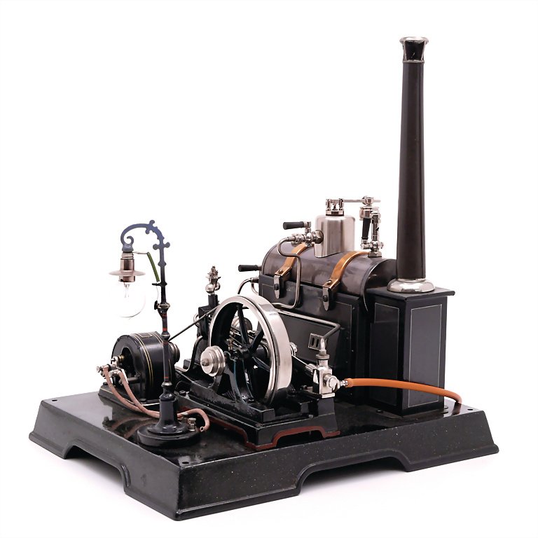 Märklin, Gebr. and Cie. steam engine with dynamo and: Märklin, Gebr. and Cie. steam engine with dynamo and lamp, "Württemberg", "D 5 1/2", "A. B. C.", sheet metal, around 1920, 360 x 330 x 270 mm, 160 x 550 mm, with a diameter of 90 mm, 27 x 356 x 298 