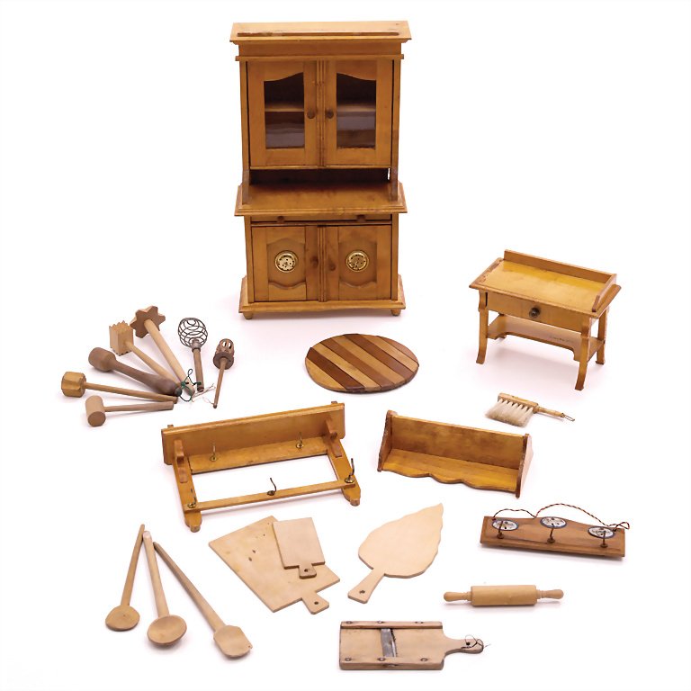 mixed lot of kitchen accessories, cupboard, table, wall: mixed lot of kitchen accessories, cupboard, table, wall shelf, cooking and baking utensils, 1890 - 1910 276 x 162 x 72 mm, wood, brass, sheet metal, good condition German Description Konv. Küchenzube