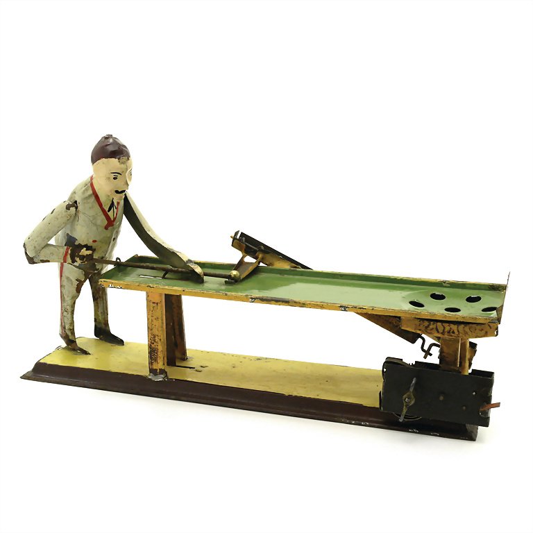 Windmüller, J. billiards player, handpaintedsheet: Windmüller, J. billiards player, handpaintedsheet metal, around 1910, 150 x 285 x 95 mm, spring drive is intact, good condition with flaked off paint parts German Description Windmüller, J. Billards