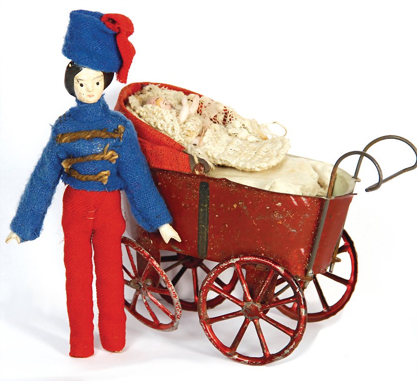 1 x doll for room soldier, around 1850, 115 mm, papier: 1 x doll for room soldier, around 1850, 115 mm, papier mâché, small loss of color at the hair, clothes are more recent, 1 x doll's pram with doll, 1900 - 1910, sheet metal, biscuit porcelain, sheet 