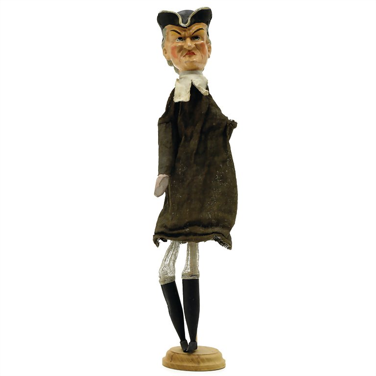 Punch puppet Guignol, 1910, 400 mm, wood, papier mâché,: Punch puppet Guignol, 1910, 400 mm, wood, papier mâché, head painting with slight color defects, good condition German Description Kasperlpuppe Guignol, 1910, 400 mm, Holz, Papiermaché, Kopfbemalun