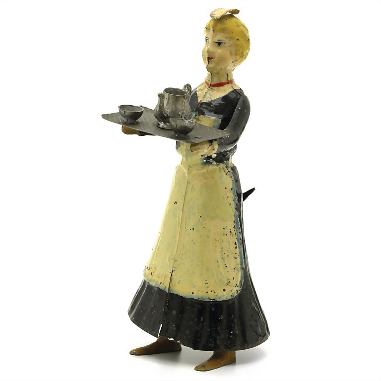 Günthermann, Siegfried waitress, sheet metal, around: Günthermann, Siegfried waitress, sheet metal, around 1910, 185 x 90 x 115 mm, colorwise retouched, intact German Description Günthermann, Siegfried Kellnerin, Blech, um 1910, 185 x 90 x 115 mm, farb