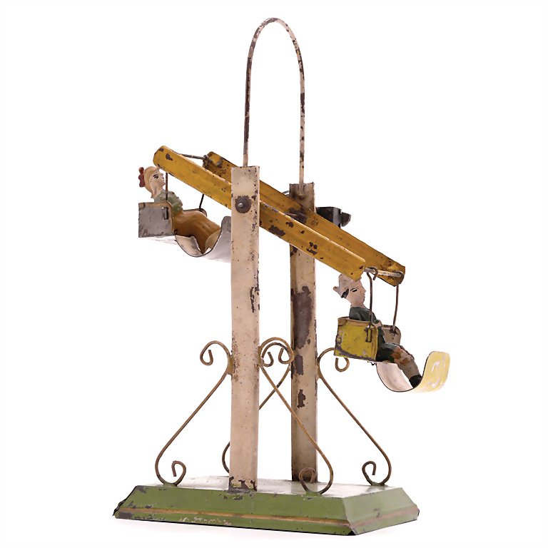 russian swing with clock mechanism, sheet metal,: russian swing with clock mechanism, sheet metal, "Germany", around 1900, 290 x 215 x 118 mm, 95 x 475 x 213 mm, intact, worn, with loss of color, crossbars between the gondolas are slightly bent Germa