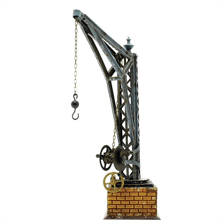 Bing, Gebr. swing crane, sheet metal, around 1910, 280: Bing, Gebr. swing crane, sheet metal, around 1910, 280 x 200 x 80 mm, good functioning condition, used, loss of color, crank mechanism, chain and ball hook were replaced German Description Bing, Gebr.