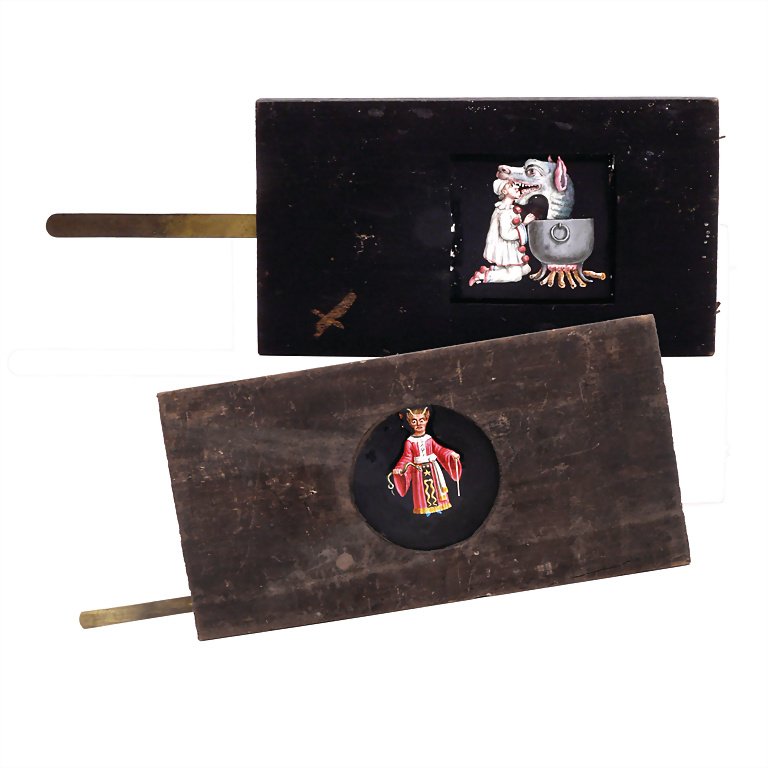 pull picture (Laterna magica), Pierrot and dragon,: pull picture (Laterna magica), Pierrot and dragon, France, 1840 - 1850, 122 x 305 x 12 mm German Description Ziehbild (Laterna magica), Pierrot und Drache, Frankreich, 1840 – 1850, 122 x 305 x 12 mm