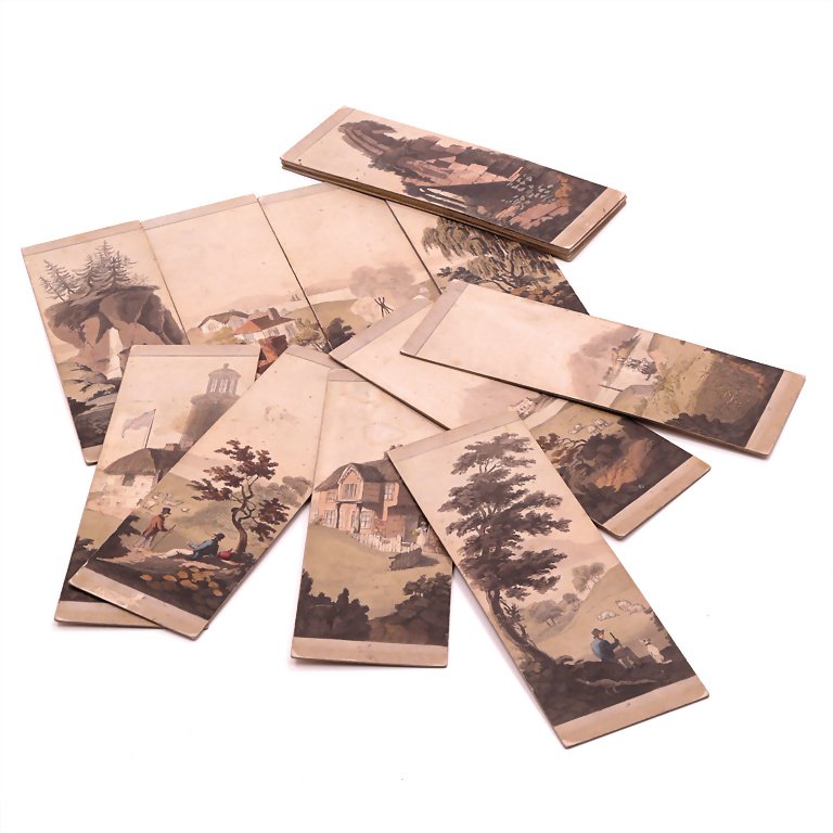 Leigh, Samuel Landscapes (landscape-myriorama), c.: Leigh, Samuel Landscapes (landscape-myriorama), c. 1824, 18 x 70 x 203 mm, good condition, 1 card (No. 16) is missing German Description Leigh, Samuel Landscapes (Landschafts-Myriorama), ca. 1824, 18