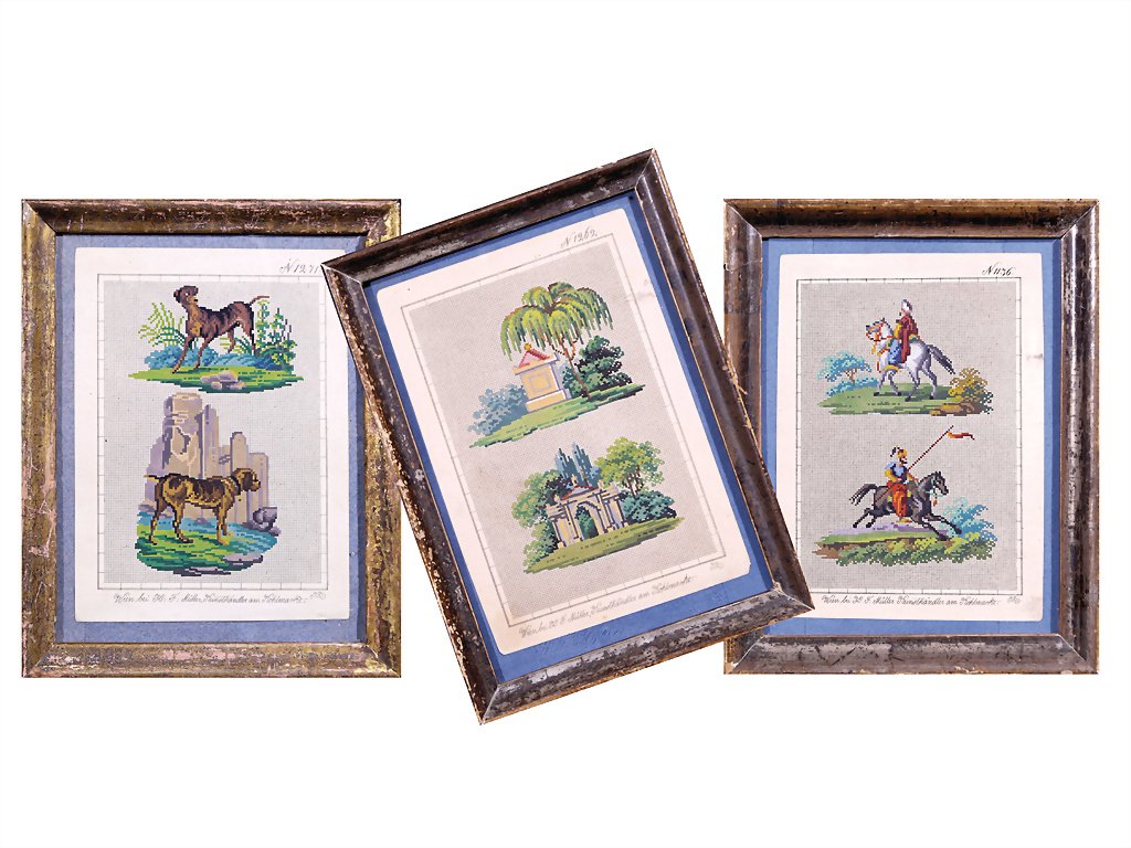 Müller, Heinrich Friedrich 3 pieces embroidery design,: Müller, Heinrich Friedrich 3 pieces embroidery design, rider, dogs, monuments, around 1820, good general condition, with traces of usage German Description Müller, Heinrich Friedrich 3 Teile Stickmu