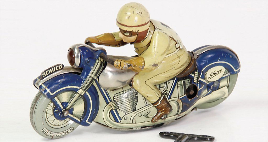 SCHUCO Moto Drill, 1006, Motorradfahrer, Blech,: SCHUCO Moto Drill, 1006, Motorradfahrer, Blech, lithographiert, Uhrwerk intakt, besp.