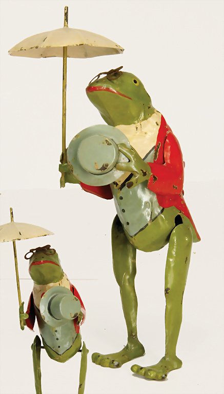 HANS EBERL Mister Frog, handpainted sheet metal, clock: HANS EBERL Mister Frog, handpainted sheet metal, clock mechanism is intact, 19 cm, colorwise partially retouched, very decorative German Description HANS EBERL Mister Frog, Blech handlackiert, Uhrwerk