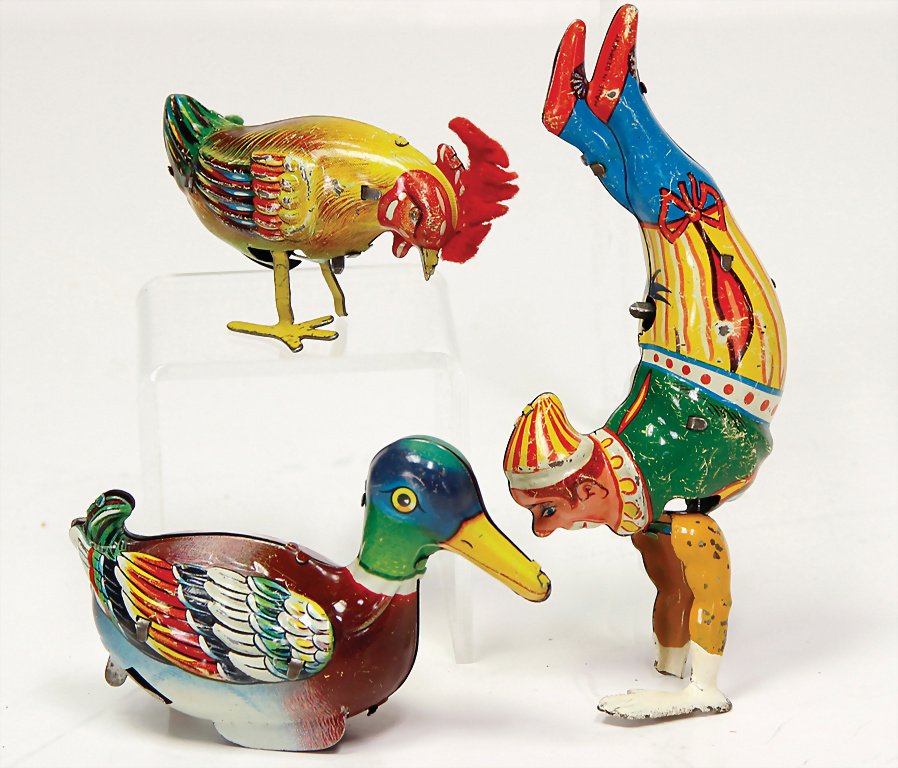 3 pieces made of sheet metal, Technofix, clown, 13 cm,: 3 pieces made of sheet metal, Technofix, clown, 13 cm, 1 hand is missing, worn, clock mechanism is intact, duck, 1 foot is missing, cock, 1 foot is missing German Description 3 Teile Blech, Technofix,