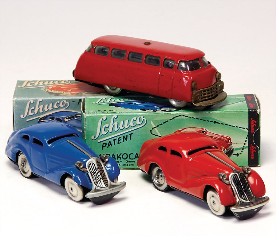 SCHUCO 3 pieces cars, Miraco, U.S.-zone, bus, 2 x 1001,: SCHUCO 3 pieces cars, Miraco, U.S.-zone, bus, 2 x 1001, red and blue, used, clock mechanism is intact German Description SCHUCO 3 Teile Wendeautos, Miraco, U.S.-Zone, Bus, 2 x 1001, rot u. blau, bespi
