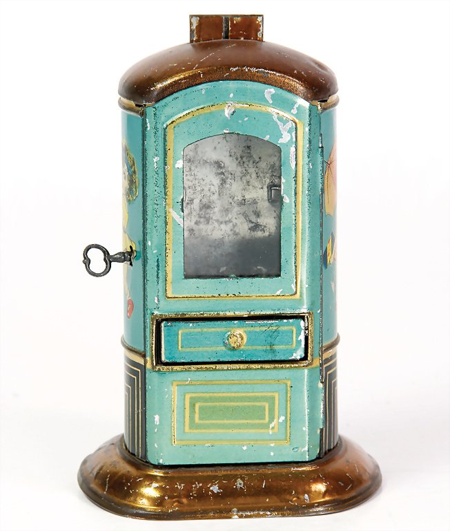 chocolate machine, lithographed sheet metal, 15 cm,: chocolate machine, lithographed sheet metal, 15 cm, unmarked, good condition German Description Schokoladenautomat, Blech lithogr., 15 cm, ungem., guter Zust.