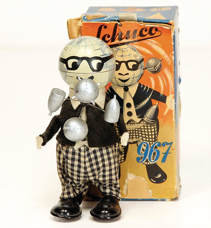 SCHUCO dancer, Mister Atomic, 11.5 cm, lithographed: SCHUCO dancer, Mister Atomic, 11.5 cm, lithographed sheet metal, clock mechanism is intact, very good original condition, in original box German Description SCHUCO Tanzfigur, Mister Atomic, 11,5 cm, B