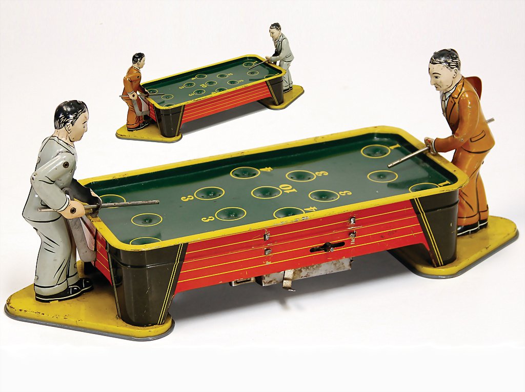 billiards player, lithographed sheet metal, not marked,: billiards player, lithographed sheet metal, not marked, 37.5 cm wide, clock mechanism is intact, slightly used, good condition German Description Billardspieler, Blech lithogr., ungemarkt, 37,5 cm bre