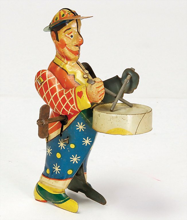 drummer, sheet metal, lithographed, pre-war era, 12 cm,: drummer, sheet metal, lithographed, pre-war era, 12 cm, clock mechanism is intact, good condition German Description Trommler, Blech, lithogr., Vorkrieg, 12 cm, Uhrwerk intakt, guter Zust.