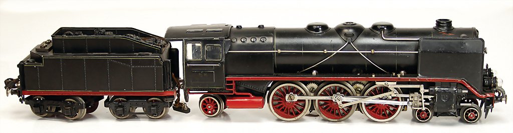 MÄRKLIN track 0, HR7012920, steam locomotive with: MÄRKLIN track 0, HR7012920, steam locomotive with separate tender 2C1, black with golden ornamental lines, possibly once colorwise retouched, good work German Description MÄRKLIN Spur 0, HR7012920, 