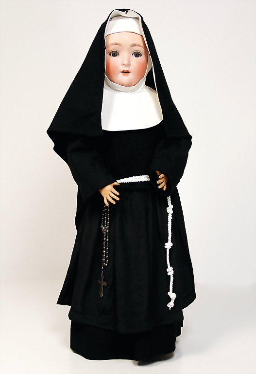 SCHOENAU & HOFFMEISTER 1909, biscuit porcelain socket: SCHOENAU & HOFFMEISTER 1909, biscuit porcelain socket head doll, blue sleepy eyes, opened mouth, upper teeth, jointed body, restored at the forehead, dressed like a nun, 62 cm German Description SCHOE