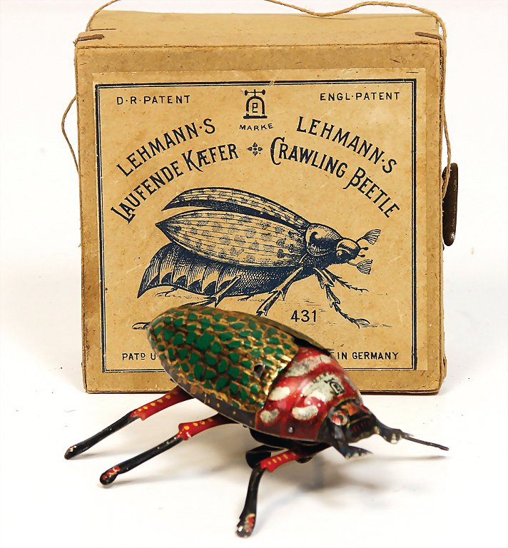 LEHMANN running beetle, No. 431, lithographedsheet: LEHMANN running beetle, No. 431, lithographedsheet metal, 10 cm, clock mechanism is intact, good condition, in original box German Description LEHMANN laufende Käfer, Nr. 431, Blech lithogr., 10 cm,